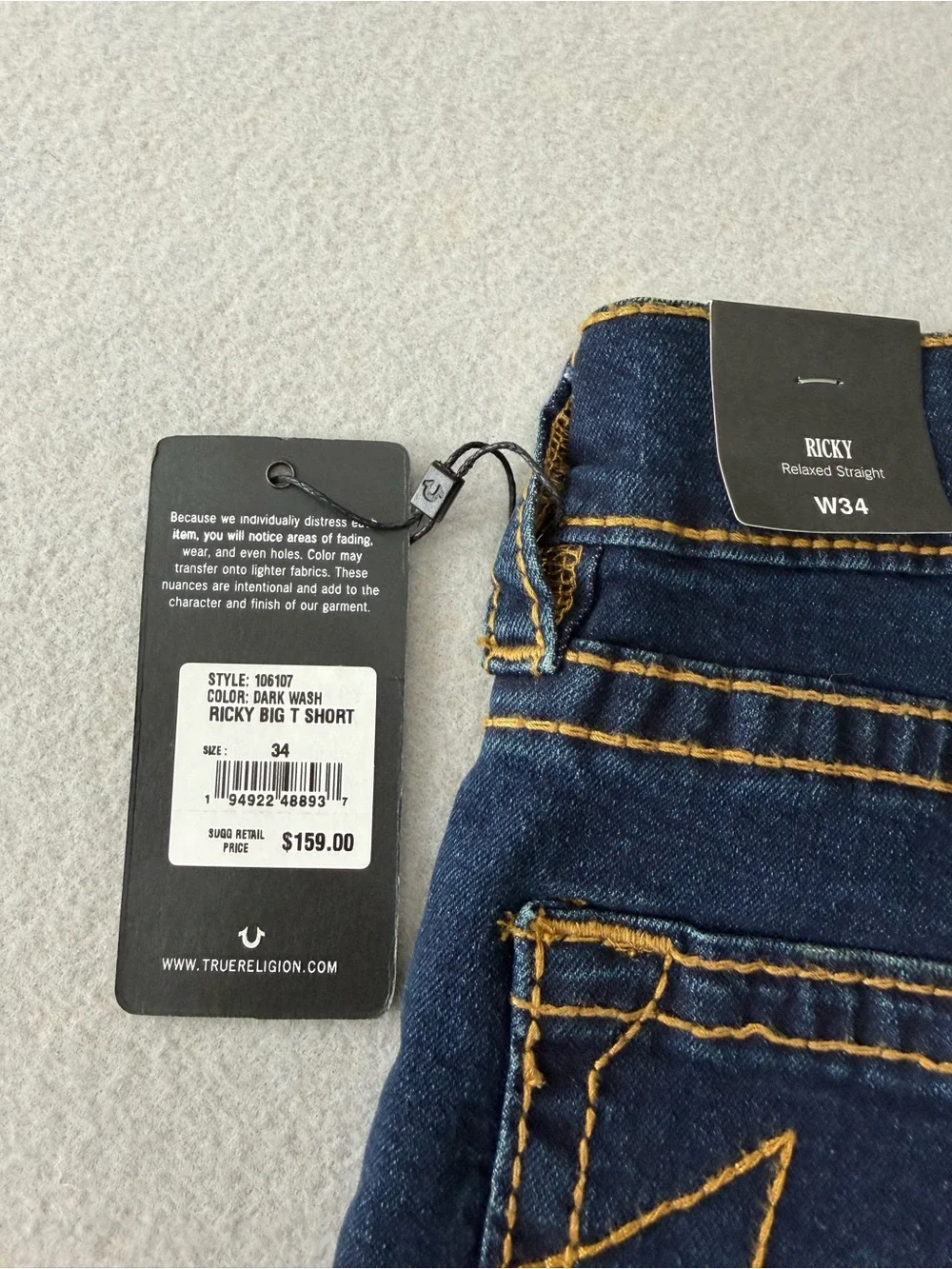 206/1751 True Religion Ricky Relaxed Straight Denim Shorts W34 NWT